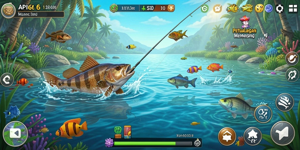 Tampilan gameplay API66 yang menawan saat memancing di danau.