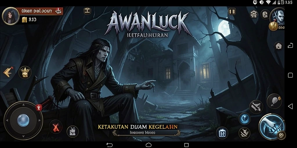 Tangkapan layar gameplay <strong>AWANLUCK</strong> menampilkan suasana mencekam dan elemen horor yang mendebarkan.