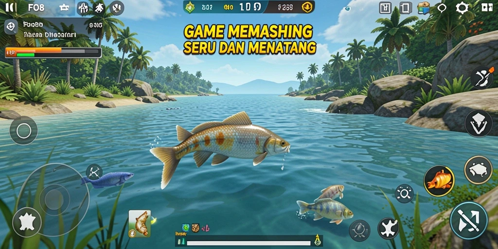 Gameplay memancing menakjubkan di FO8 yang menunjukkan aksi menangkap ikan.