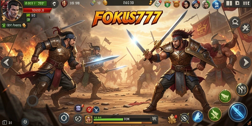 Screenshot gameplay FOKUS777 menampilkan pertarungan yang mendebarkan.