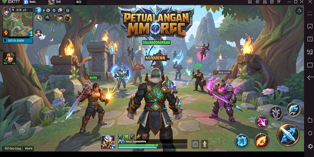 Tangkapan layar gameplay IDX777 menunjukkan pertempuran seru di dunia MMORPG.