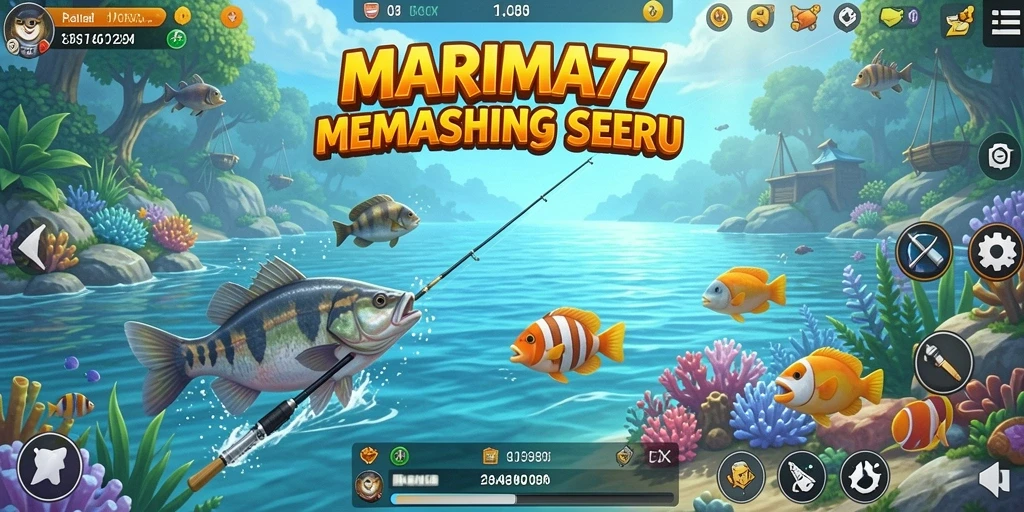 Screenshot utama MARIMA77 yang menunjukkan gameplay memancing yang menegangkan.