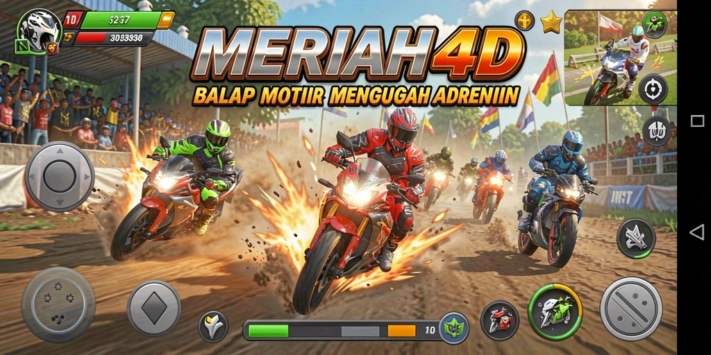 Tampilan screenshot gameplay MERIAH4D dengan balapan motor yang seru.