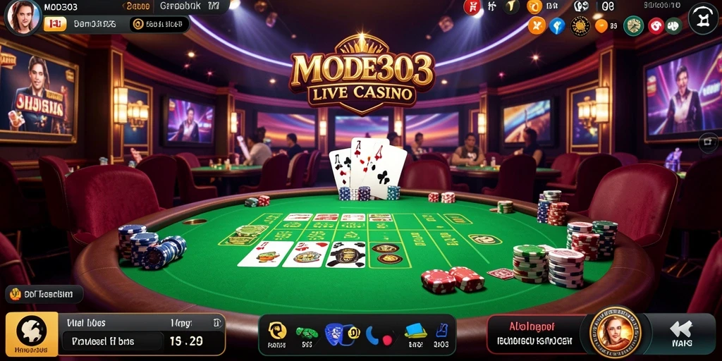 Tangkapan layar MODE303 menampilkan dealer langsung dan suasana kasino yang mendebarkan.