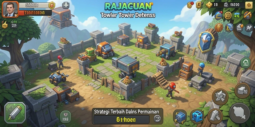 Screenshot utama RAJACUAN menampilkan menara yang berbaris siap menghadapi serangan musuh.