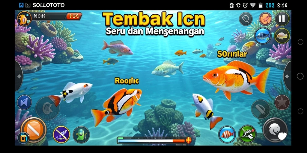 Screenshot gameplay SOLOTOTO menampilkan aksi seru menembak ikan.
