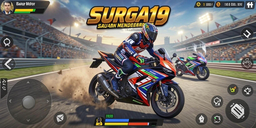 Screenshot gameplay SURGA19 yang menunjukkan balapan motor yang mendebarkan.