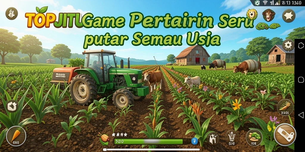 Screenshot aktivitas bertani di game TOPJITU menunjukkan keindahan ladang.