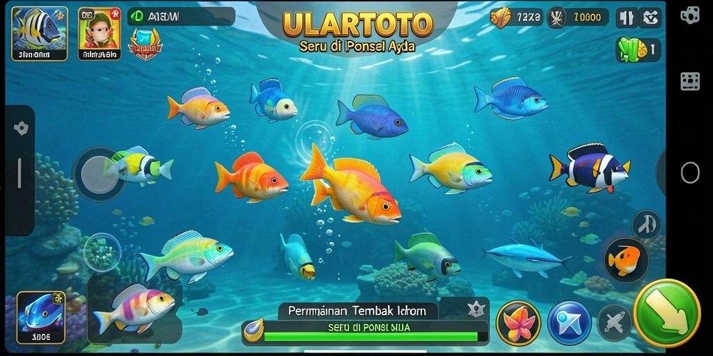 Gameplay seru ULARTOTO dengan ikan berwarna-warni dan senjata menarik.